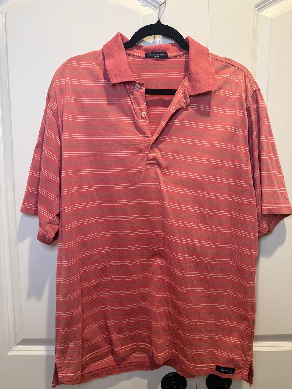 Peter Millar Cotton Coral Stripe Polo Shirt - Men's Large
